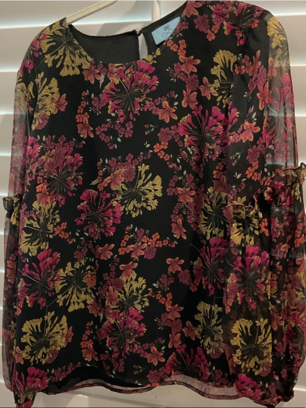 CeCe Black Floral Top with Pink & Yellow Blooms